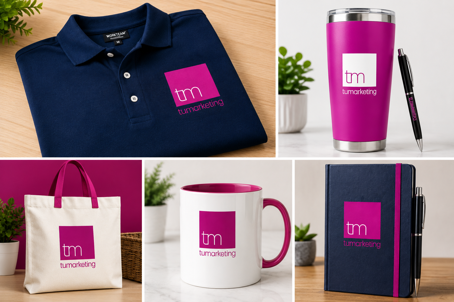 Productos personalizados de TuMarketing: uniforme, bolso, taza, termo y libreta